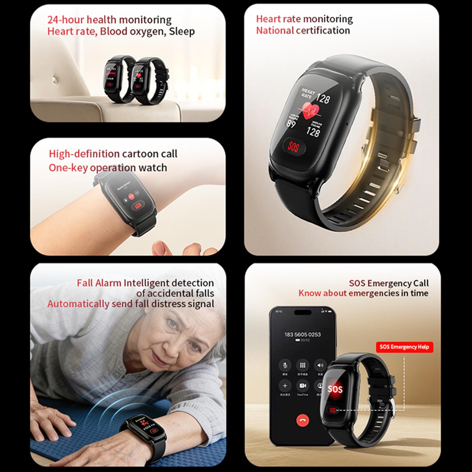 Smartwatch für Senioren mit Sturzerkennung | Notrufsysteme für Senioren, Tracker-Uhr bei Demenz und Alzheimer, GPS-Tracker, SOS-Notruf, Gesundheitsüberwachung