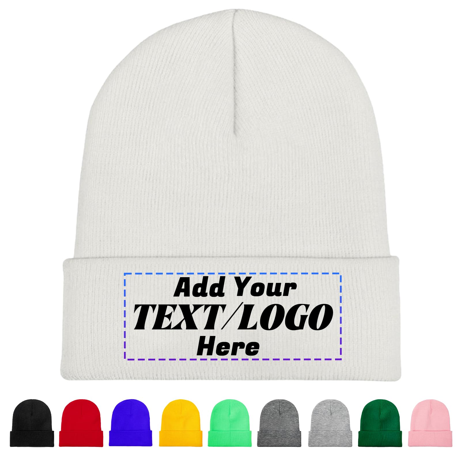 Personalised Beanie Hat, Custom Beanie with Text Logo Image, Custom Men's Skullies & Beanies, Skull Cap Winter Warm Hat for Men (UK, Alpha, One Size, White)