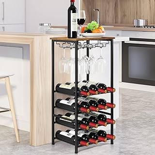 Wine Rack Freestanding Floor Wine Glass Holder Wine Bottle Holder Stand Wine Racks for Floor bar cabinets for Liquor and Glasses Wine Rack Table 5 Tier Wine Bottle Organizer Stand, Rustic Brown