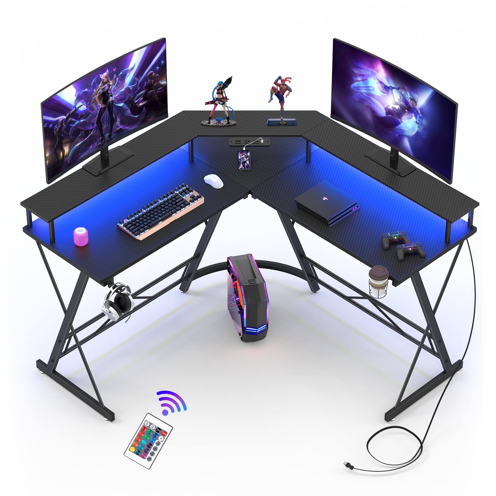 Mr IRONSTONE Gaming Desk with Led Lights and Power Strip L Shaped Desk
