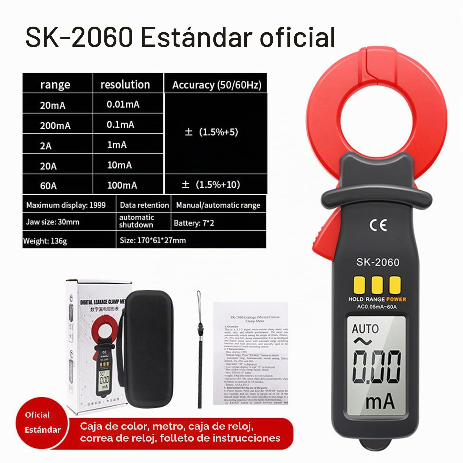 Pinza Amperimétrica Digital Probador de Fugas CA CC, Pinza de Microamperios de Rango Automático con Apertura de Mandíbula de 30 mm for Mediciones Eléctricas