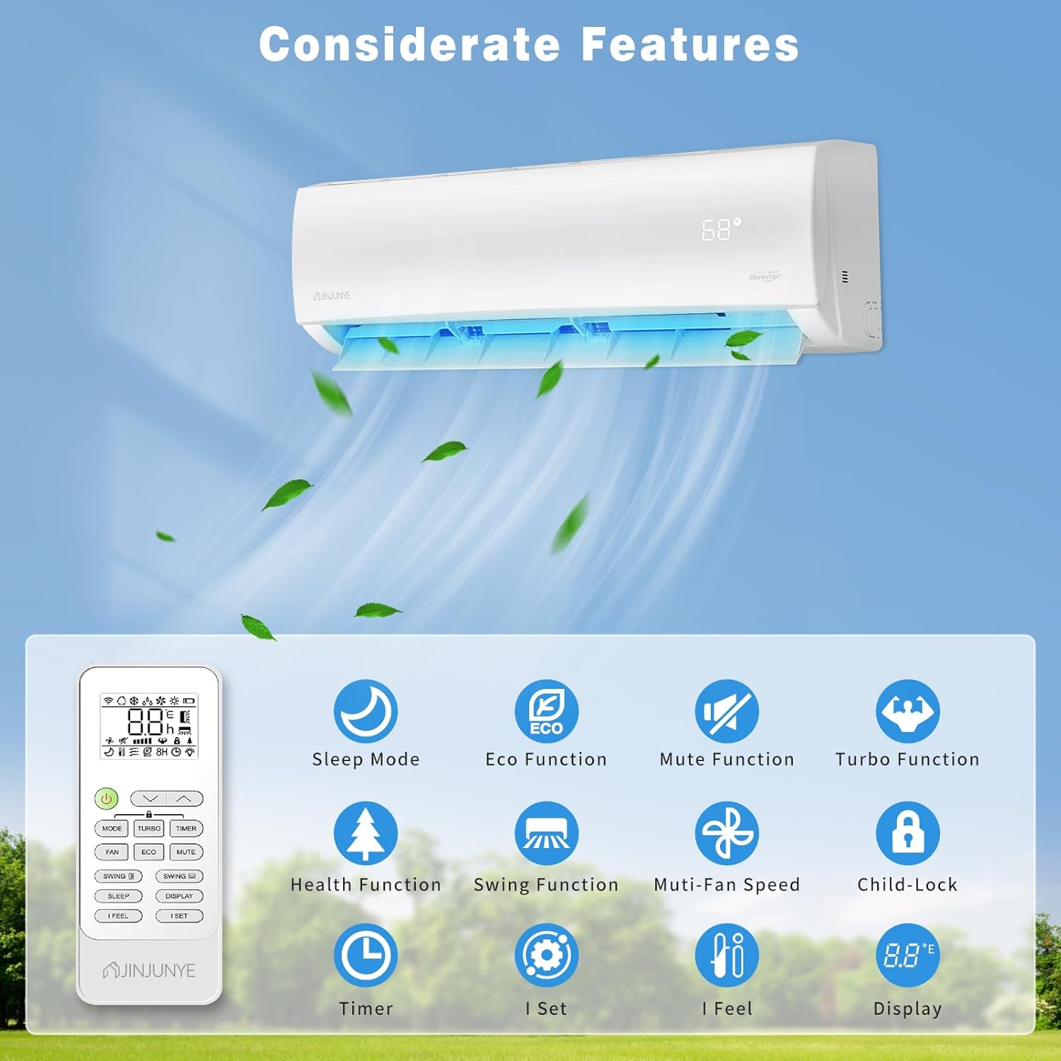 Remote control and icons for various functions like Sleep Mode, Eco Function, Mute Function, Turbo Function, Health Function, Swing Function, Multi-Fan Speed, Child-Lock, Timer, I Set, I Feel, and Display