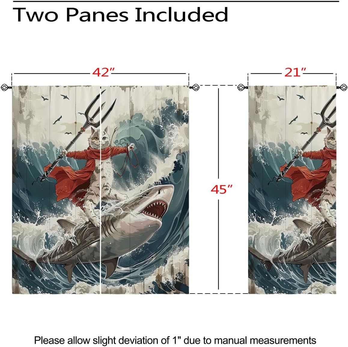 Funny Cat Blackout Curtains for Girls Boys Kids Home Decor, Cartoon Riding Whale Shark Ocean Wave Grommet Thermal Insulated Drapes Darkening Window Curtain for Bedroom Living Room, 42 x 45 Inch