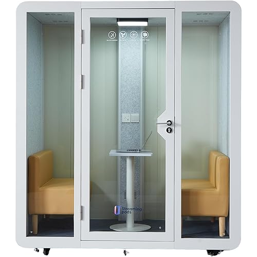 GEARONIC Mobile Office Pod Booth, Standard Sound Proof Office Pod for 2 People, Sound Pod Booth with Mobile Roller, LED Lighting System,Fans and AC USB Ports