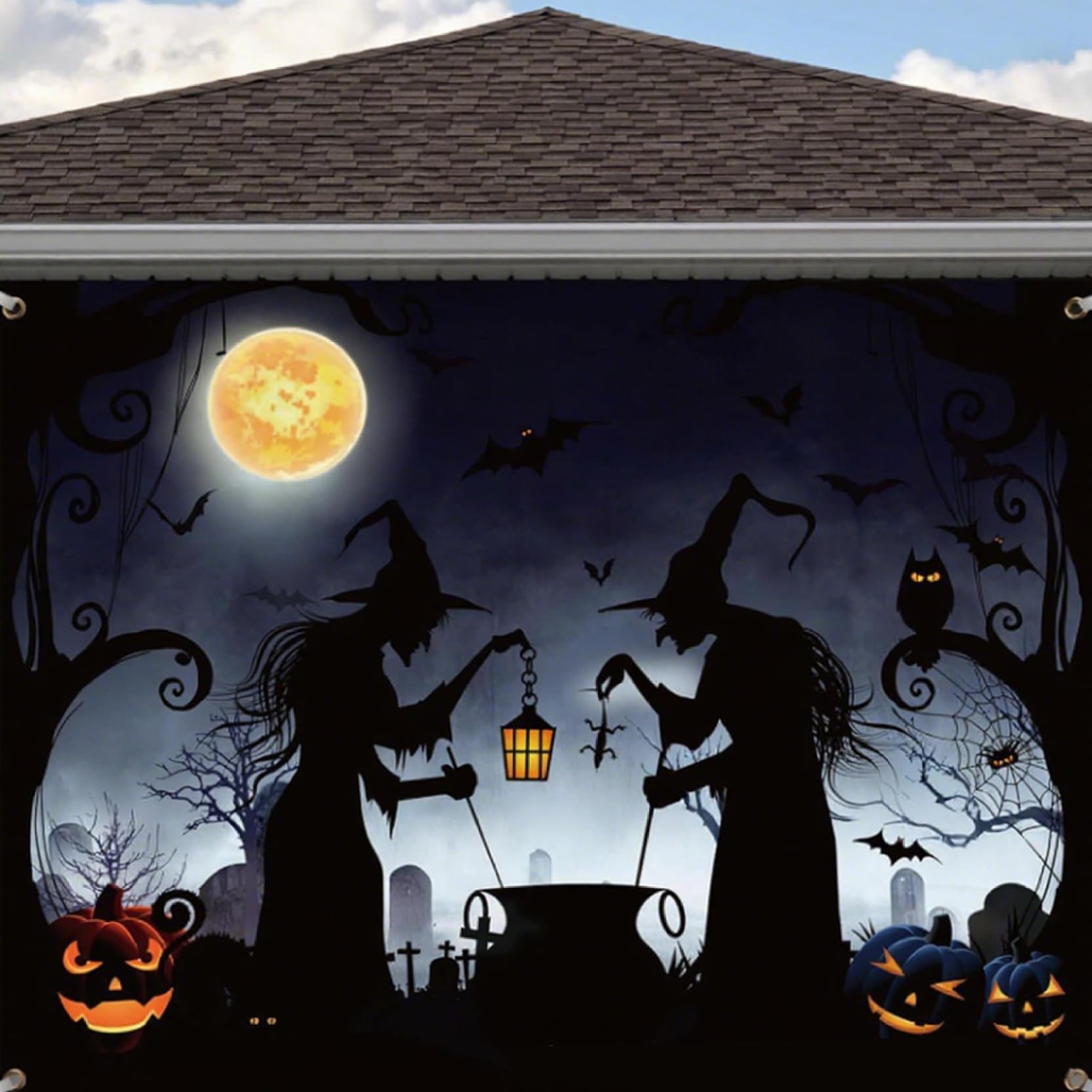 CNAFGBGG Halloween Garage Door Cover, 13x6ft, with Hooks, Witch Print.