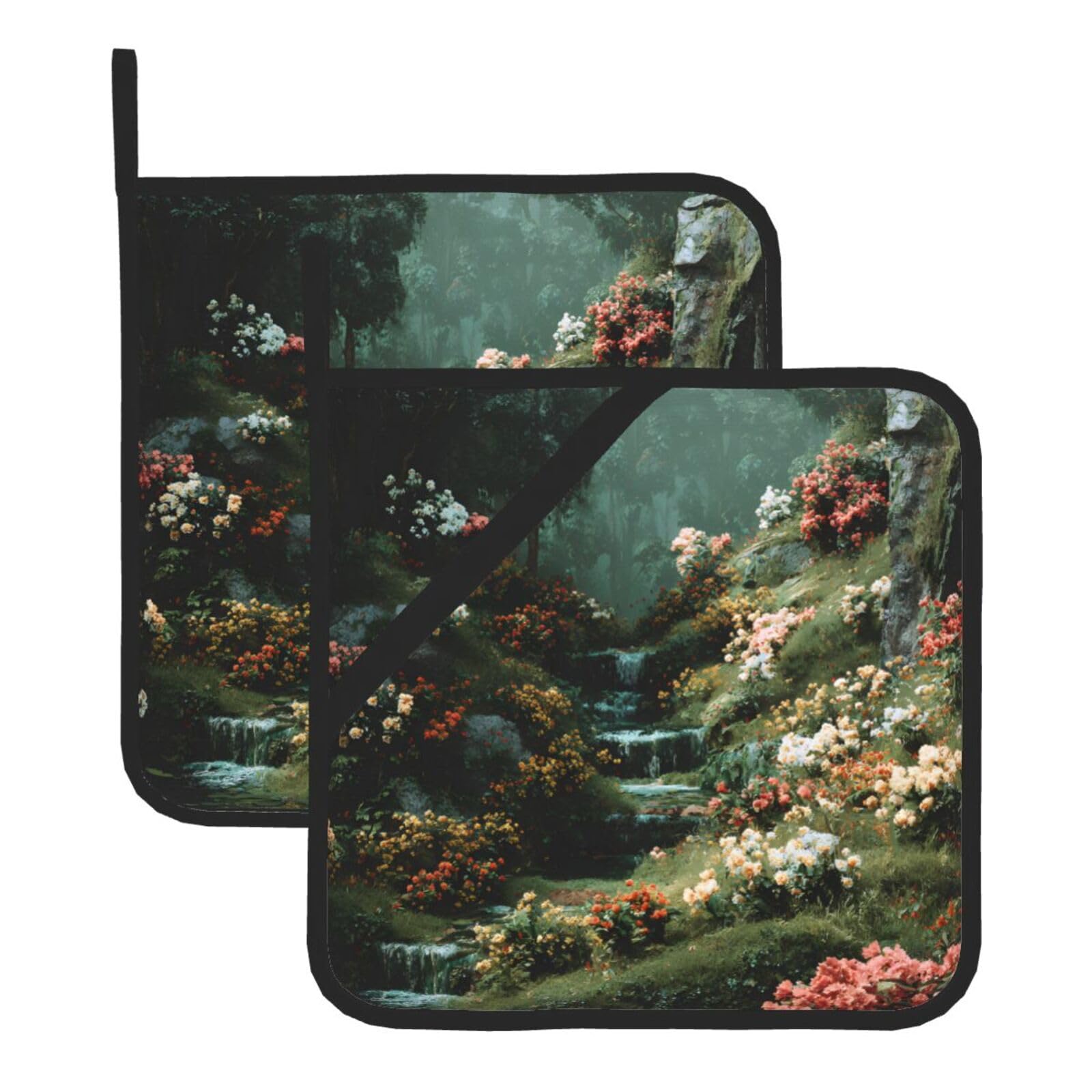 (Flowers Bloomed) Oven Hot Pads Set of 2 Heat Resistant Pot Holders for Kitchen Cooking Baking BBQ