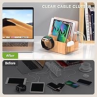Vista 4 de Pezin & Hulin Estación de carga de bambú para múltiples dispositivos con cargador USB de 5 puertos, 5 cables, soporte para reloj y auriculares