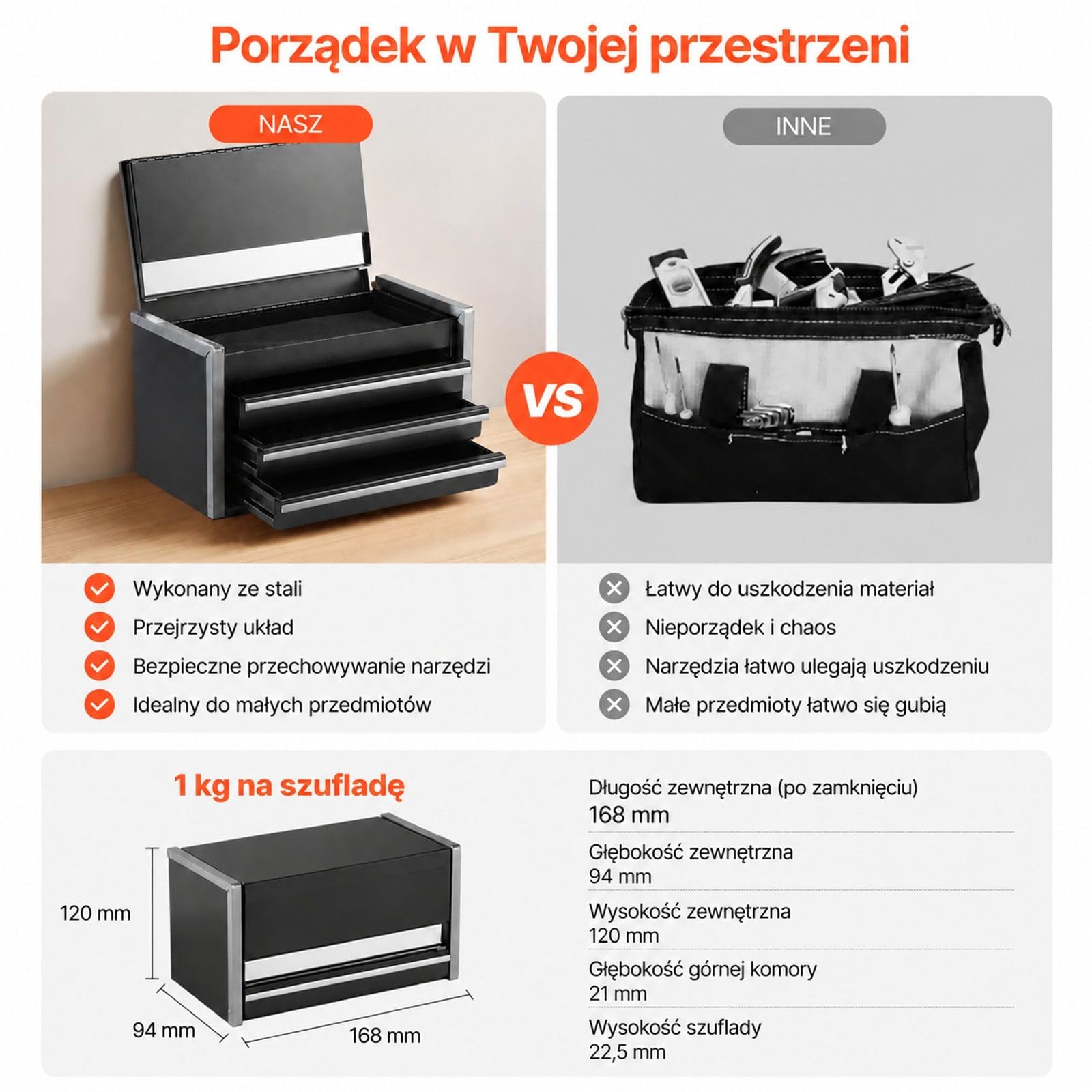 Czarna mini skrzynka narzędziowa ze stali, 3 szuflady, wkładki EVA, stopki PP, do przechowywania narzędzi