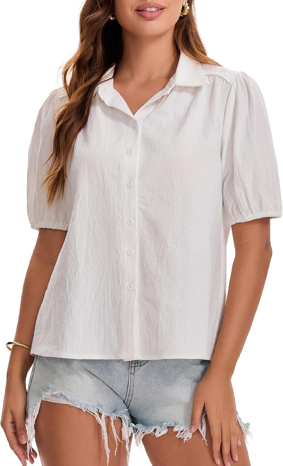 Women's 2026 Summer Button Down Shirts Short Puff Sleeve Collared V Neck Cotton Casual Blouse Tops