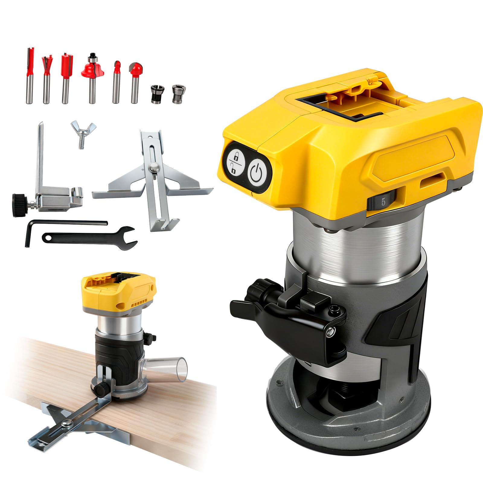 Fresadora con batería compatible con Dewalt 18 V 20 V, 800 W, fresadora de bordes sin escobillas, 30000 rpm, fresa manual portátil para trabajar la madera, 5 velocidades, fresa de 1/4", mandril de 6