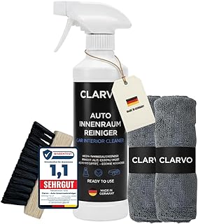 Auto Innenraumreiniger Set 500ml Made in Germany, Duftneutral & Streifenfrei, 2× Mikrofasertuch 300 GSM + Bürste, Silikonfrei, Für Kunststoff, Leder & Displays (Set (Spray + 2 Cloths + Brush))
