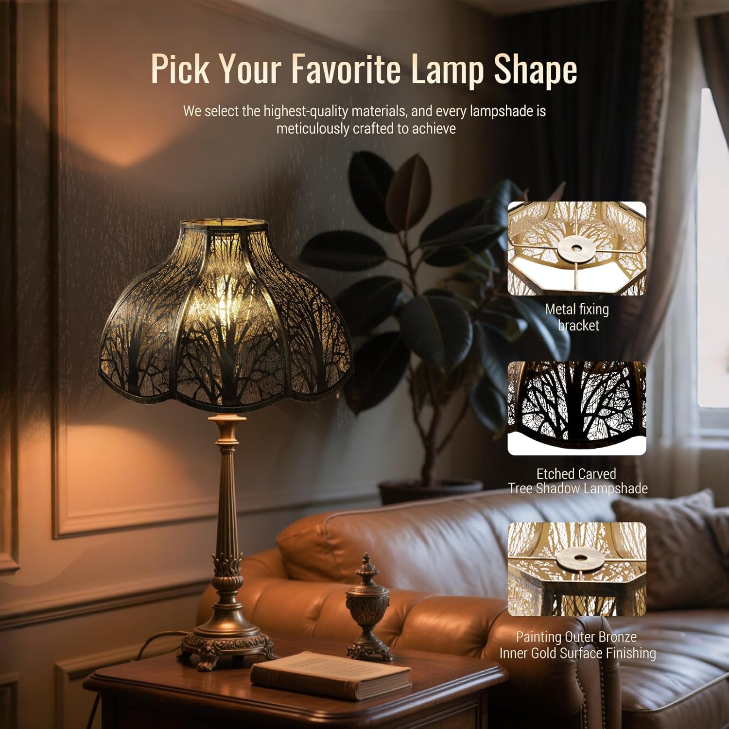 Large Eight-Petal Lotus Iron Lampshade Etched Forest Design Antique Copper & Gold Dual-Tone 6×17×11" Spider Fitter for Floor/Table Lamps
