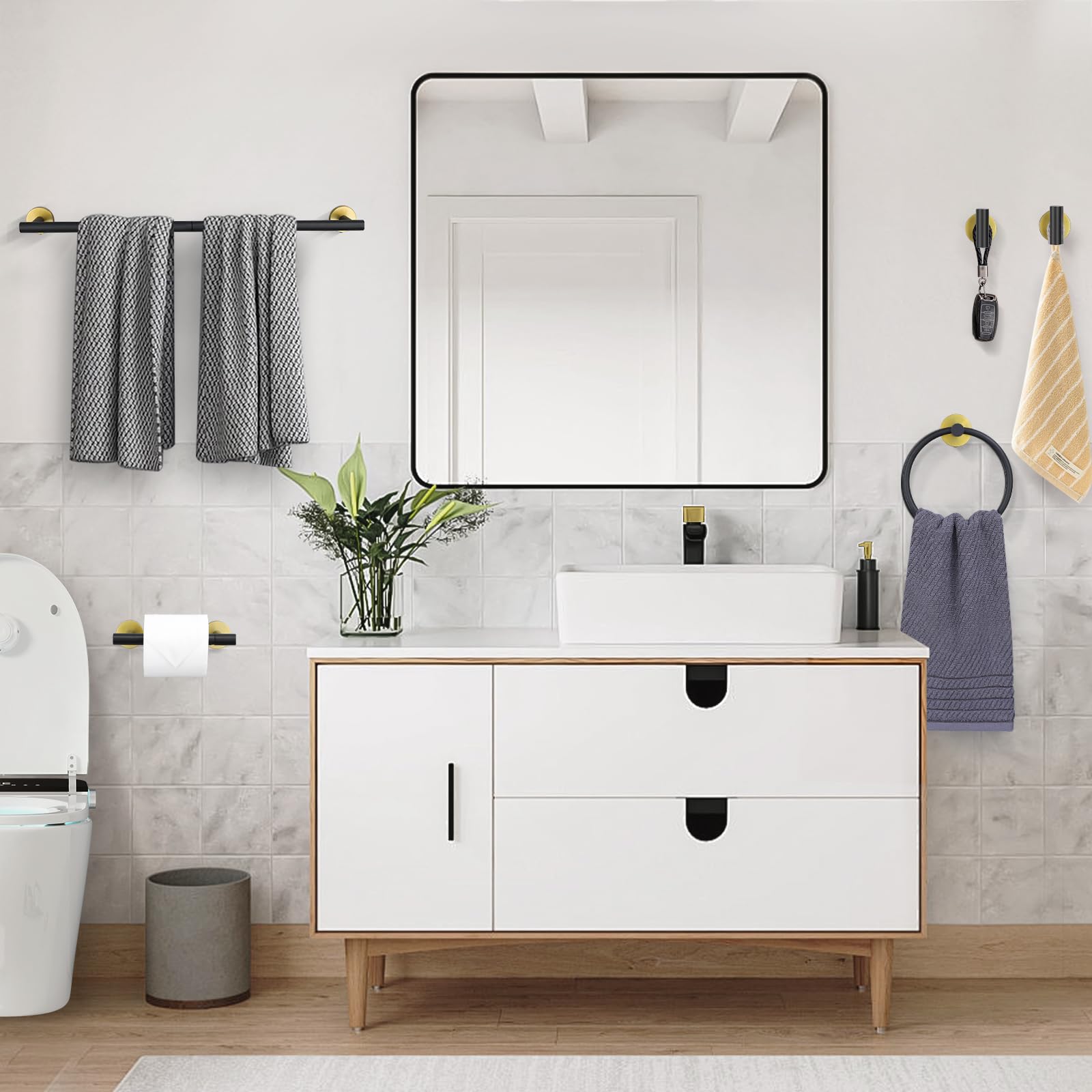 Juego de 10 toallas redondas negras y doradas para baño, juego de accesorios de baño, soporte de papel higiénico, toallero, juego de toallero para baño, juego de baño de acero inoxidable montado en la