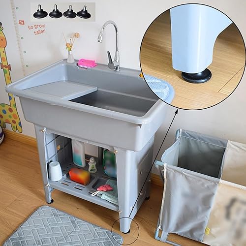 Miniatura 2 de Fregadero de plástico independiente con tabla de lavadero, fregadero utilitario para interiores y exteriores con grifo de agua fría y caliente,