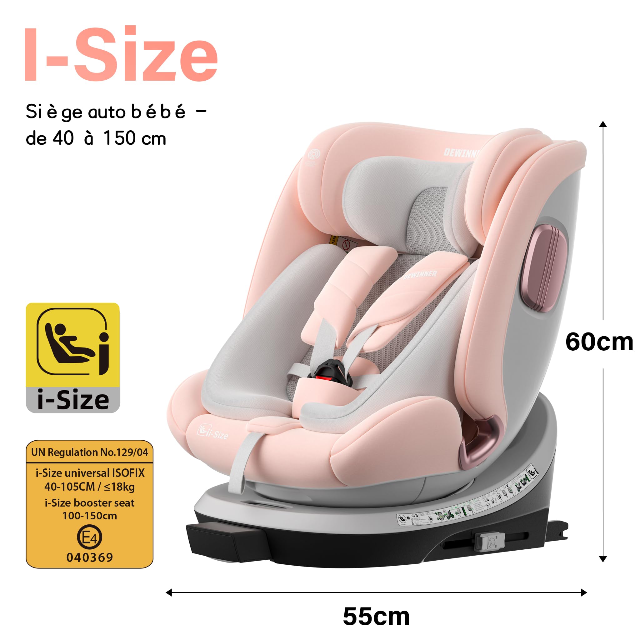 DEWINNER Siège Auto Bébé 0 à 36kg ISOFIX - Siege Auto Pivotant 360°,I-Size Group 0+1/2/3 (40-150cm),Harnais 5 Points Sièges Auto,RWF,FWF,Appui-Tête Réglable,Toit Anti-UV+Pied de Support,ECER129 - Pink