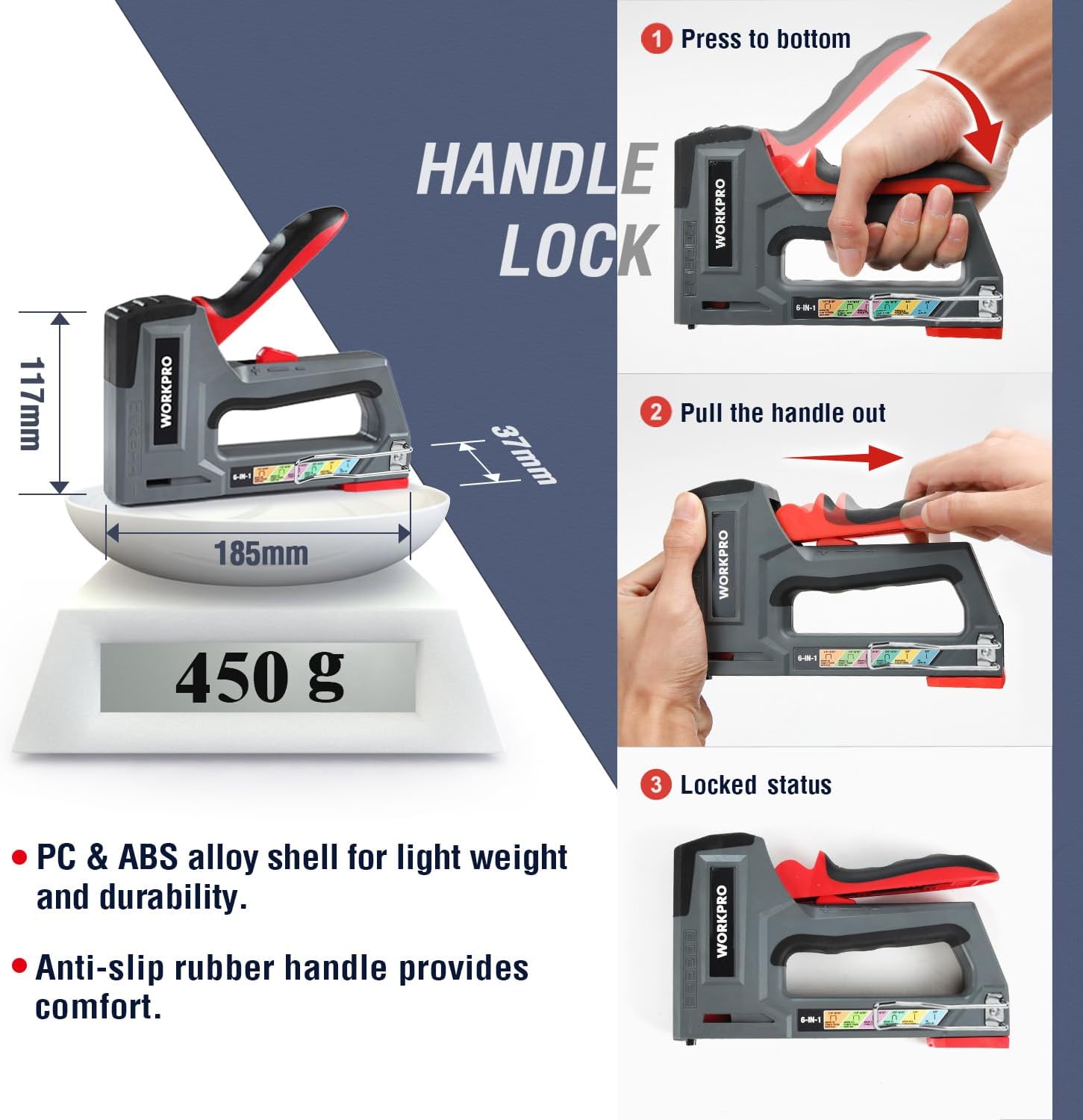 Steps to engage the handle lock on the WORKPRO staple gun