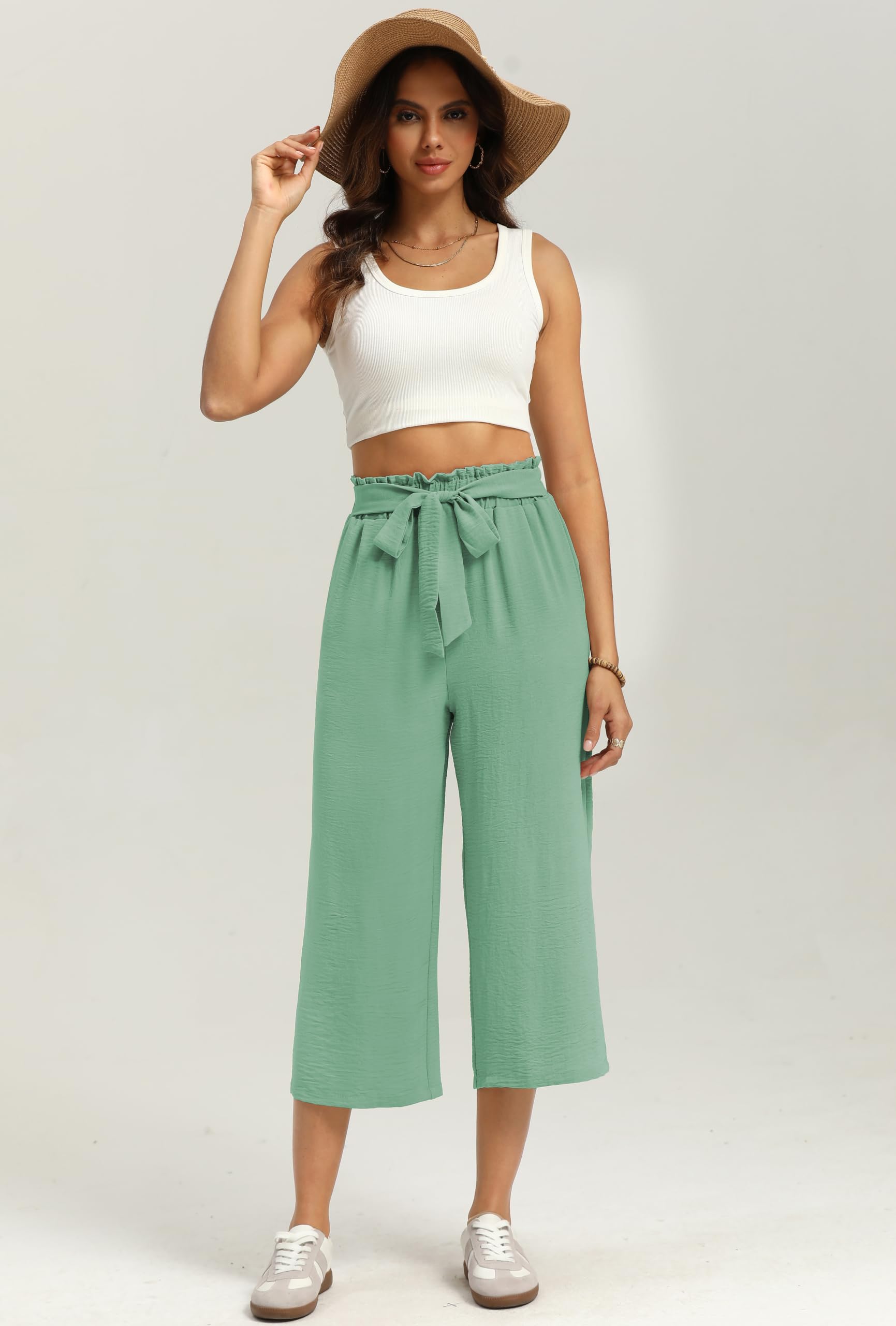 Pantacourt Large Femme Taille Haute Pantalon Capri D'été Jambes Larges Fluide Élégant Décontracté avec Poches Profondes Ample Léger Respirant