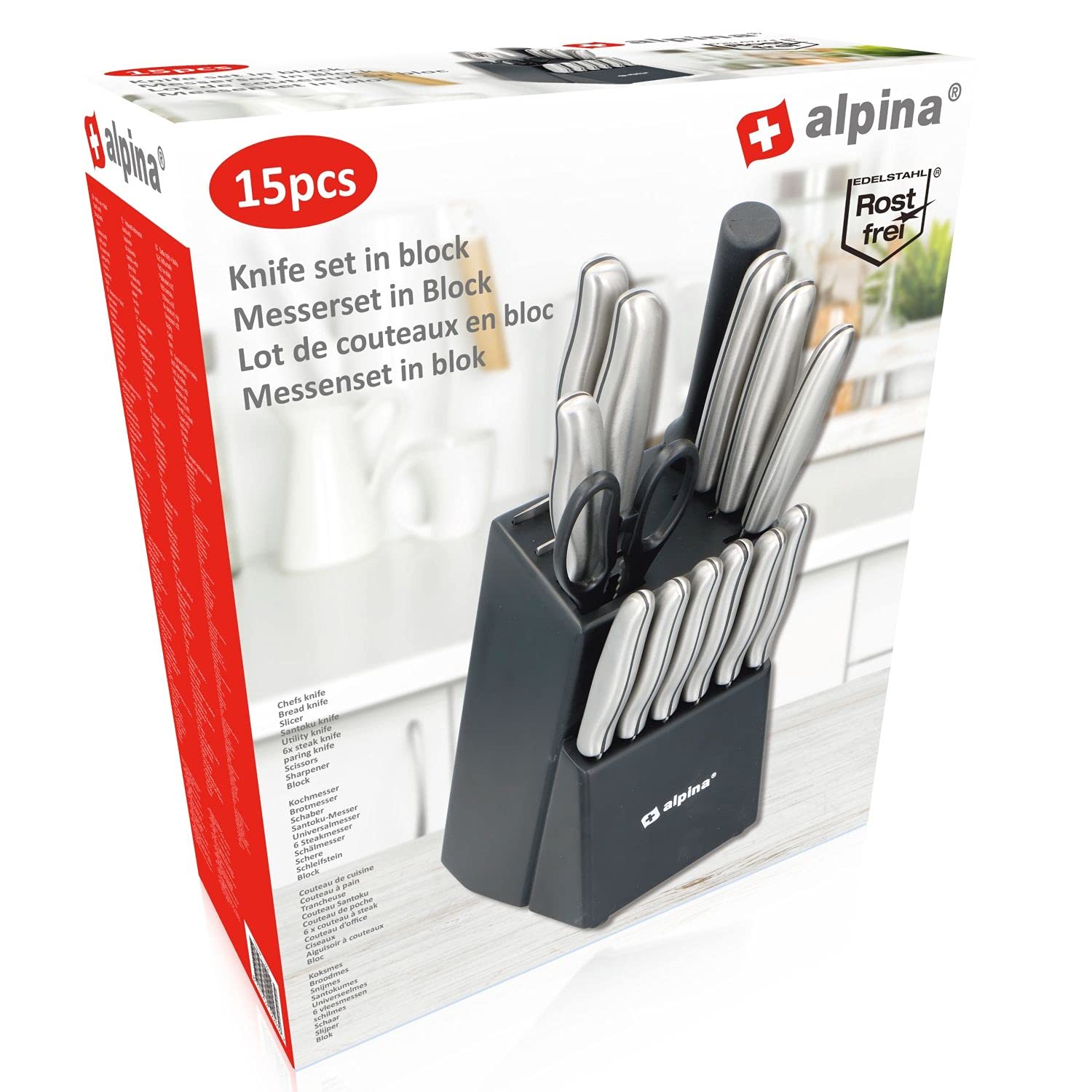 alpina Messerblock 15-Teilig - Messerset mit Block - Küchenmesser Set - 12 Verschiedener Messer - Inkl. Schärfer und Schere mit Antihaftbeschichtung - 29 x 13 x 35 CM - Edelstahl