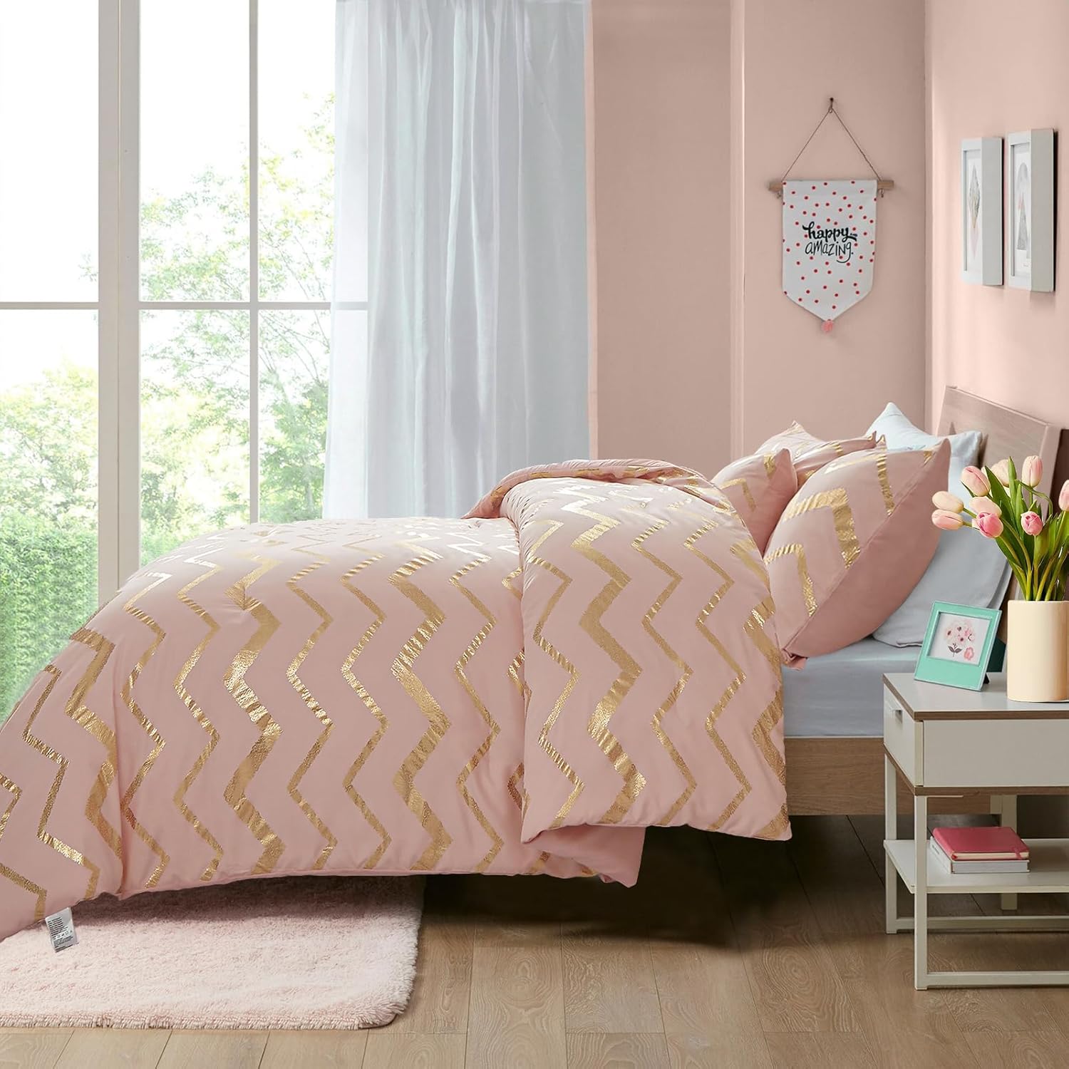 Menghomeus Pink Comforter Set Queen/Full Size Metallic Blush and Rose Gold Bed Comforter 4 Piece Soft Microfiber Bedding for Teen Girls Women (2 Pillow Shams + 1 Decorative Pillow Sham)