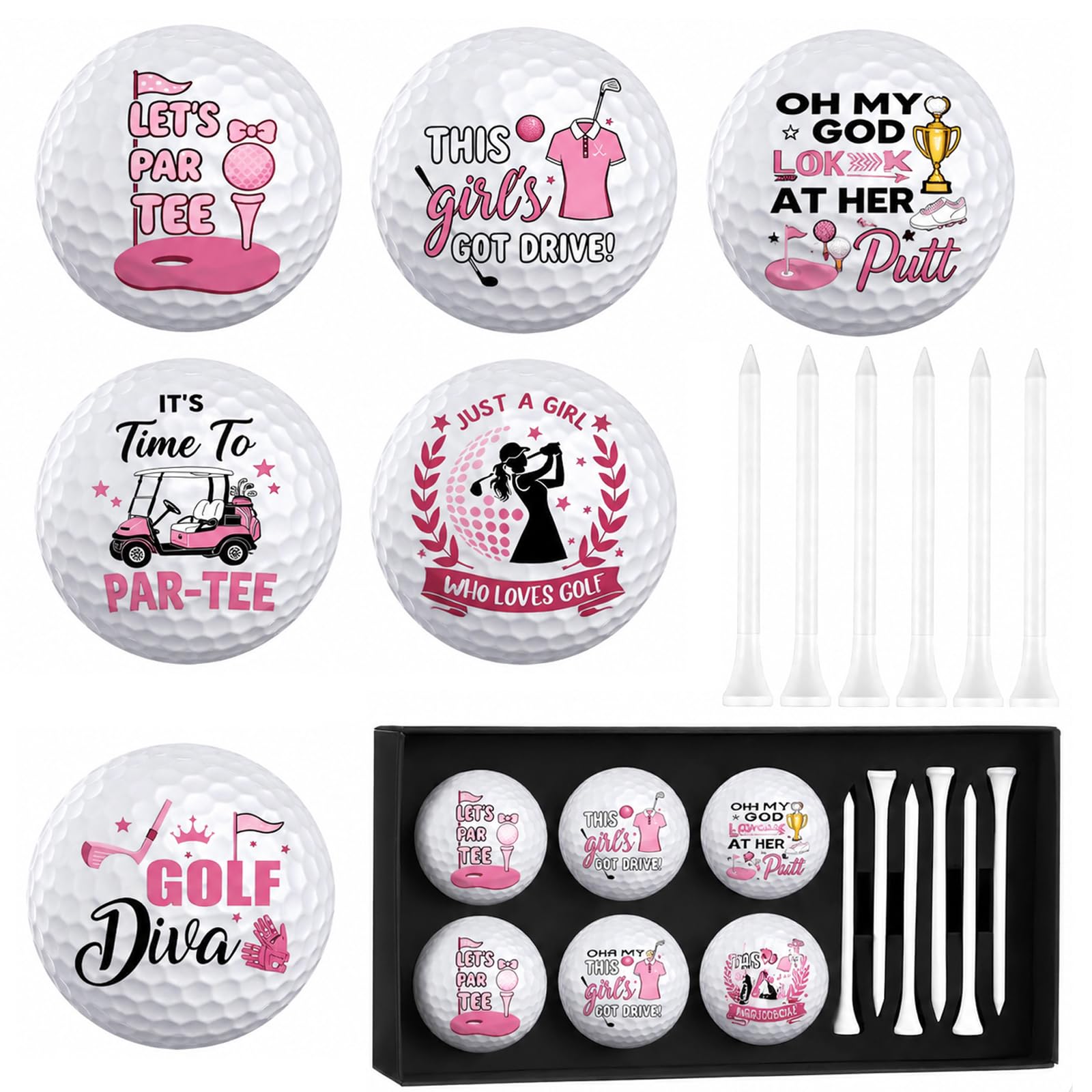 Leseogye 12PCS Funny Golf Balls, 6 Personalised Golf Balls with 6 White Tees in Premium Gift Box, Novelty Golf Balls with Surlyn Shell and Rubber Core, Golf Gifts for Women