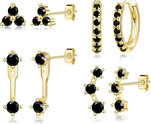 4 Pairs Gold Black Stud Hoop Earrings Set for Women, Trendy Black Women Fashion 