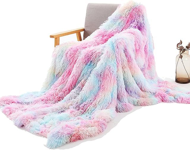 Janzoom Fluffy Throw Blanket, Super Soft Long Plush Bedspread Blanket, Shaggy Shawl Blanket, Warm Double Sided Faux Fur Cozy Fluffy Blanket for Bed Couch Sofa (Rainbow, 130x160cm)