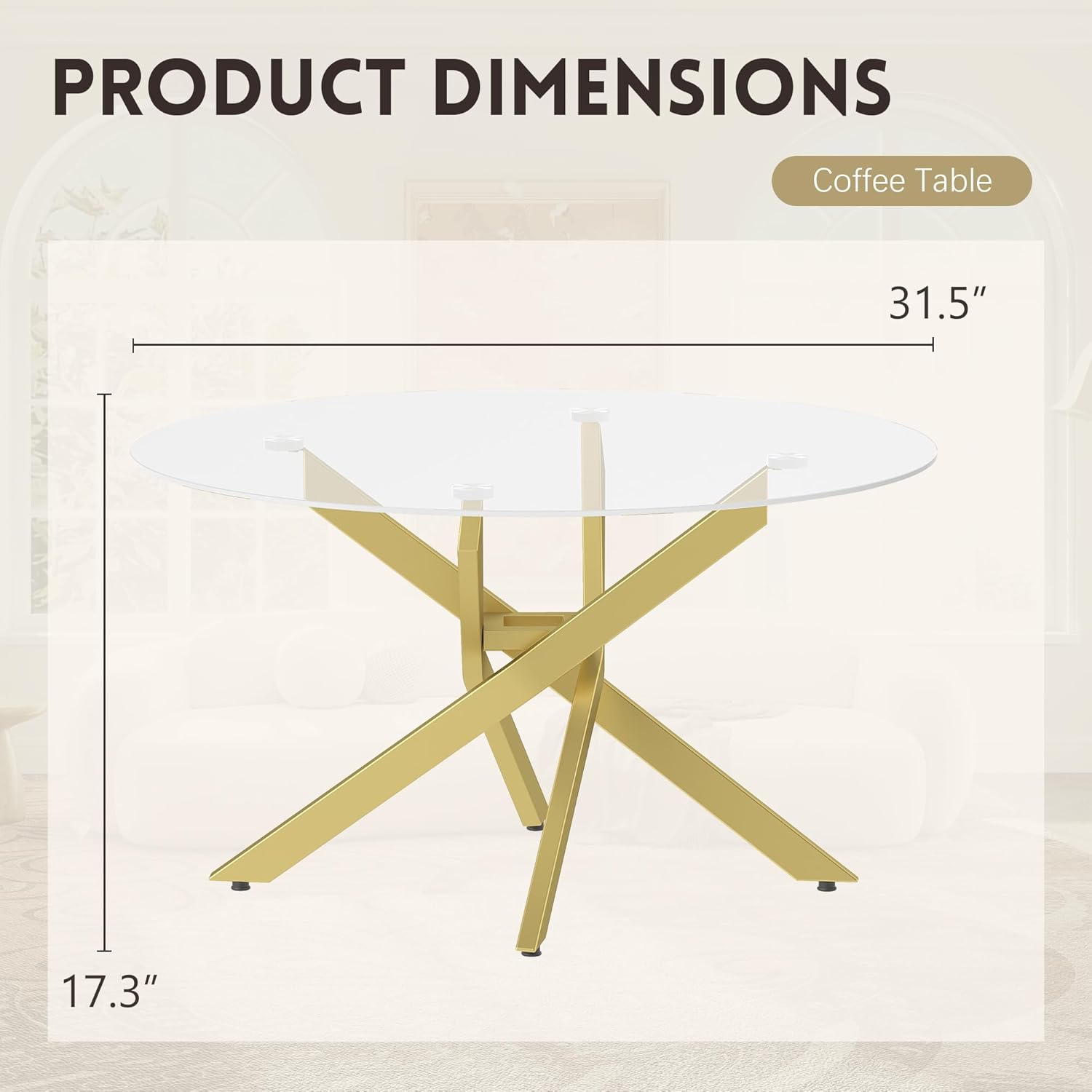 Glass Coffee Table, Round Coffee Table with Geometric Gold Metal Frame, Modern Minimalist Coffee Table for Decoration, Coffee Tables for Living Room, Study Room, Office