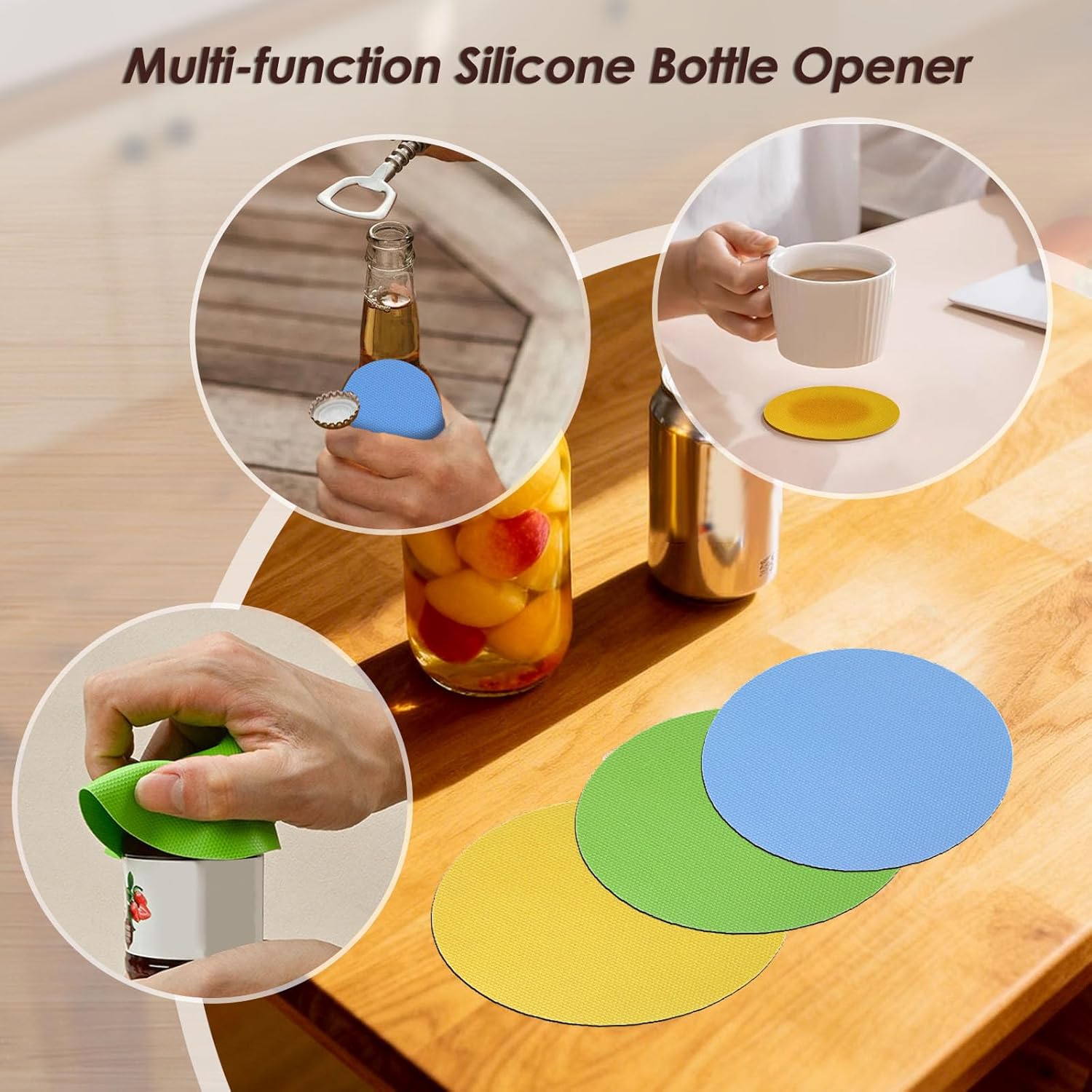 4 in 1 Multi-Purpose Jar Opener, Adjustable Stainless Steel Lid Remover for Seniors & Arthritis Sufferers, Jar Opener for Weak Hands with Bottle Cap Opener, Fits Kitchen Jars, Bottles & Cans (Beige)