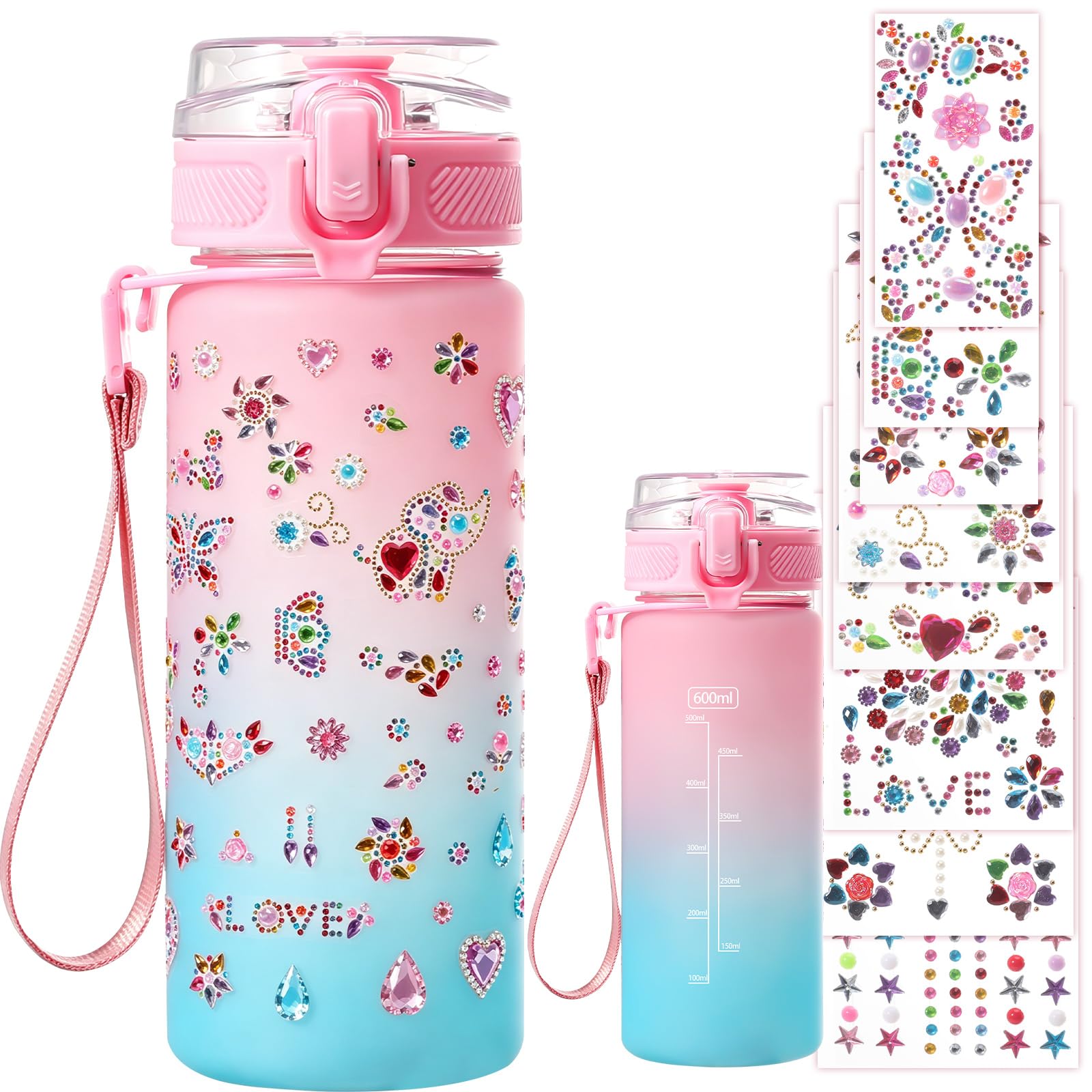 KINGTLE DIY Water Bottle, Gifts for Girls 5 6 7 8 9 10 11 Year Old, Birthday Gifts for Girls Age 5-12,DIY Water Bottle Arts and Crafts for Kids With 600ml WaterBottle and 8pcs Diamond Stickers