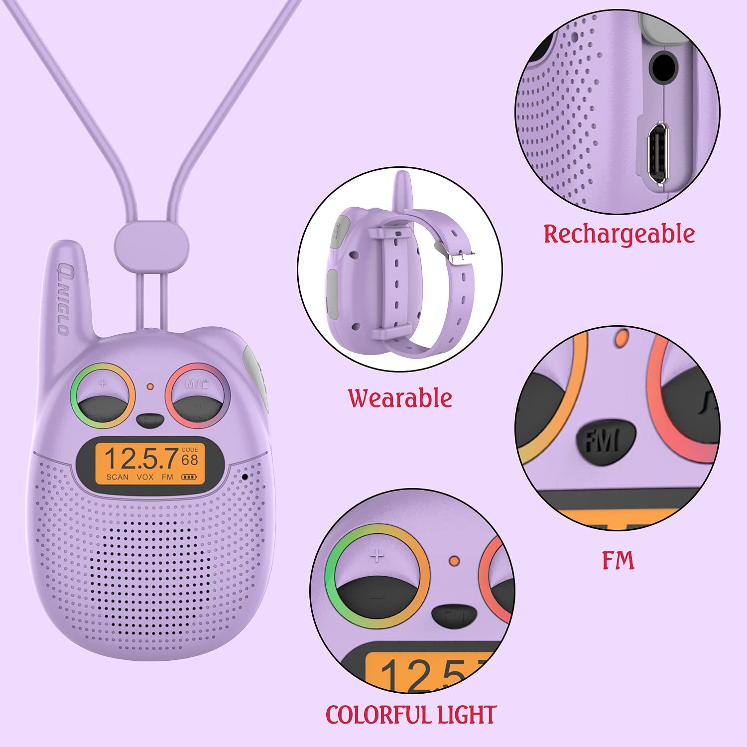 QNIGLO Q136 Walkie Talkie Niños Recargable USB,Radio FM 4Km Alcance 10 Tonos de Llamada,Montar en Bicicleta Acampar Correr,Cumpleaños Regalos para Chicas Chicos,Chulo Walkie con Radio (RojoVioleta) — view 5