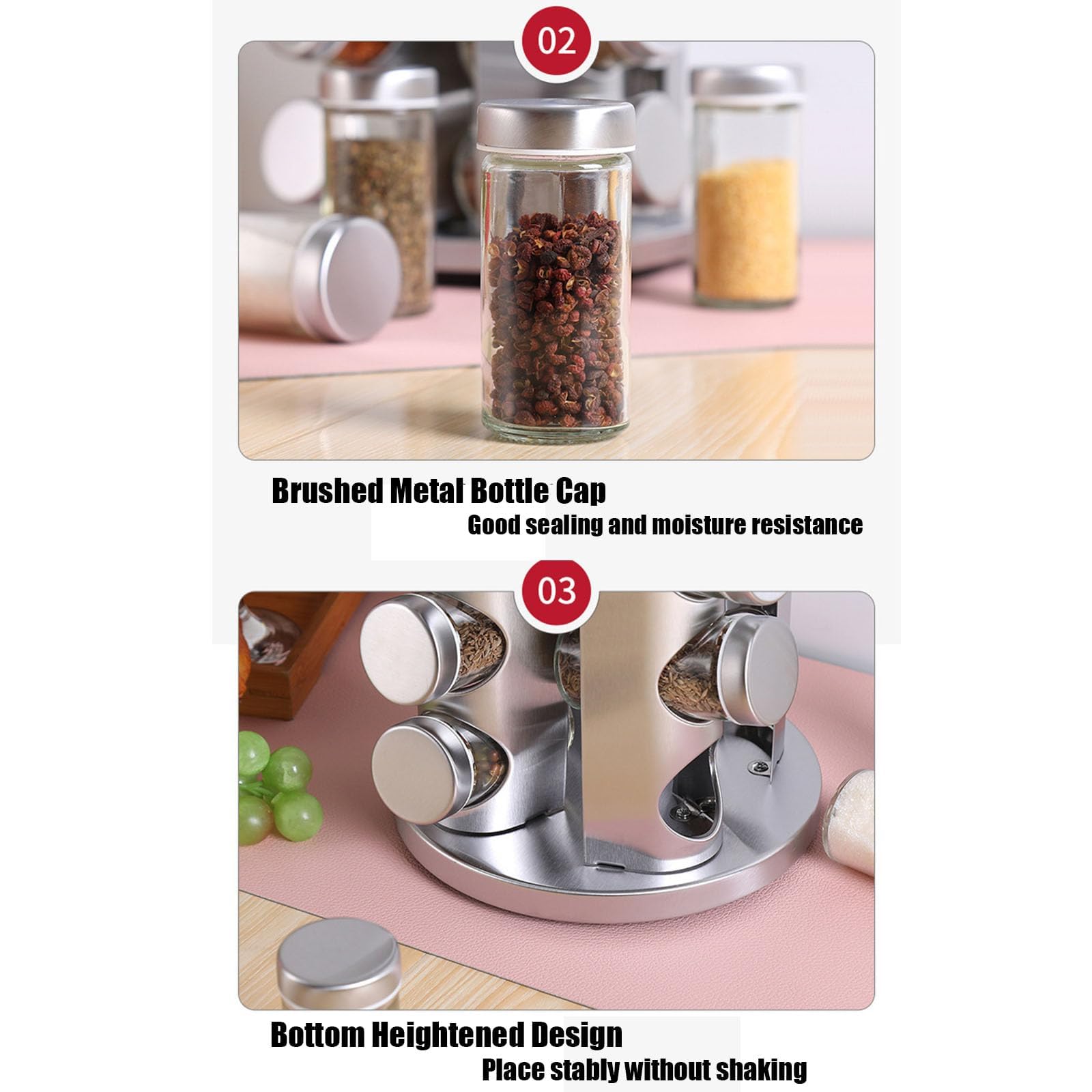 épices rotatif avec 20 pots d'épices, organisateur de tour d'épices de cuisine pour comptoir ou armoire, gadgets de cuisine (acier inoxydable). (Silver, 20)