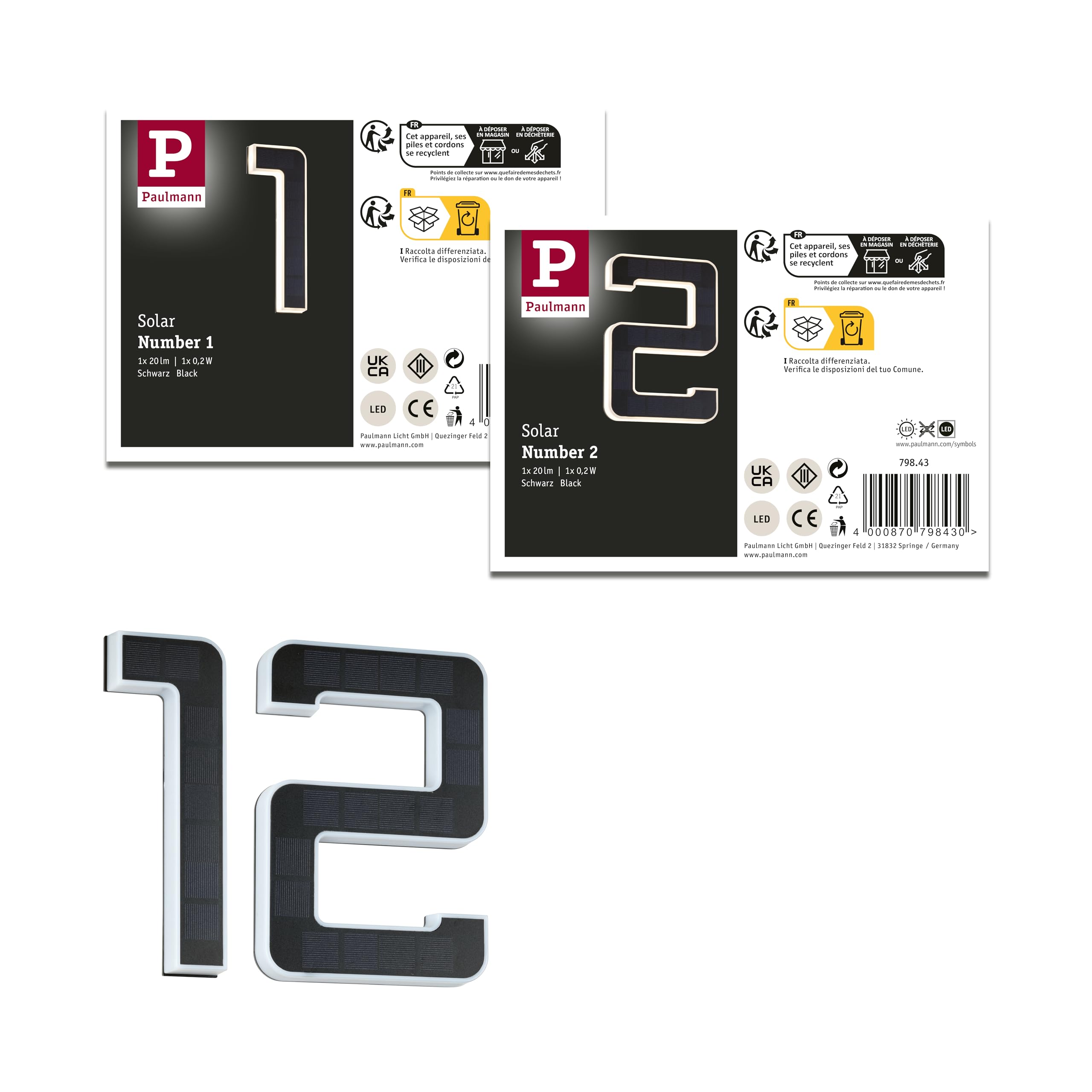 Paulmann 5292 Set Solar LED Hausnummernleuchte inkl. wechselbarer Akku Nummer 12 3000K 2x6lm 2x0,2W Schwarz