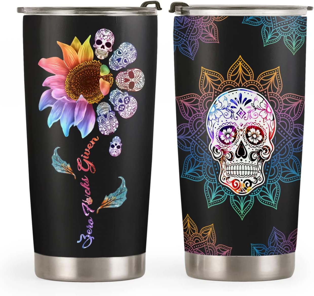 20oz Sunflower Sugar Skull Coffee Tumbler, Coffee Thermos for Women, Men, Sunflower Sugar Skull Tumbler Cup, Stainless Steel Double Wall Vacuum Insulated Travel Coffee Mug with Lid