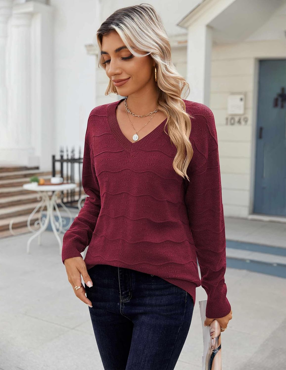 Zeagoo Womens Sweaters Fall Casual Long Sleeve V Neck Shirts Lightweight Crochet Ribbed Knit Pullover Tops Outfits - Image 3