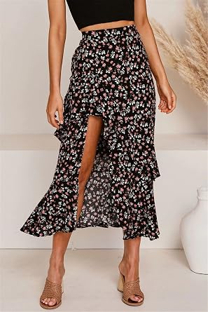 TEERFU Women's Boho Floral Maxi Skirt - High-Low Hem, Side Split, Elastic Waist, Long Swing Dress
