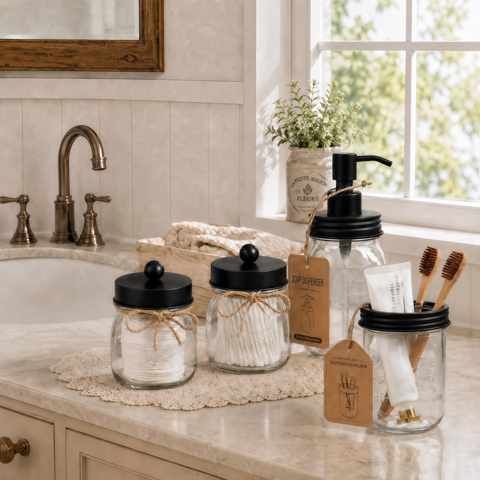 SheeChung 6Pcs Mason Jars Bathroom Accessories Set Complete - Toothbrush Holder, Lotion Soap Dispenser, 2 Mason Jars, Soap Dish, Toilet Paper Basket, Rustic Farmhouse Decor (Black, 6Pcs Bathroom Set)