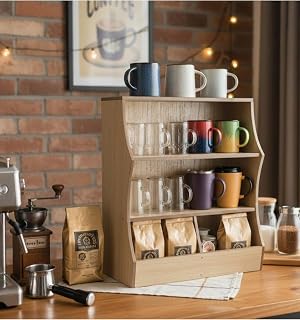 3 Tier Farmhouse Spice Rack, 18" x 20" wooden kitchen shelf, Light Oak | mug holder, wall mountable spice house, Storage Shelf, counter rack organizer, For Kitchens, Pantries and Coffee Corners