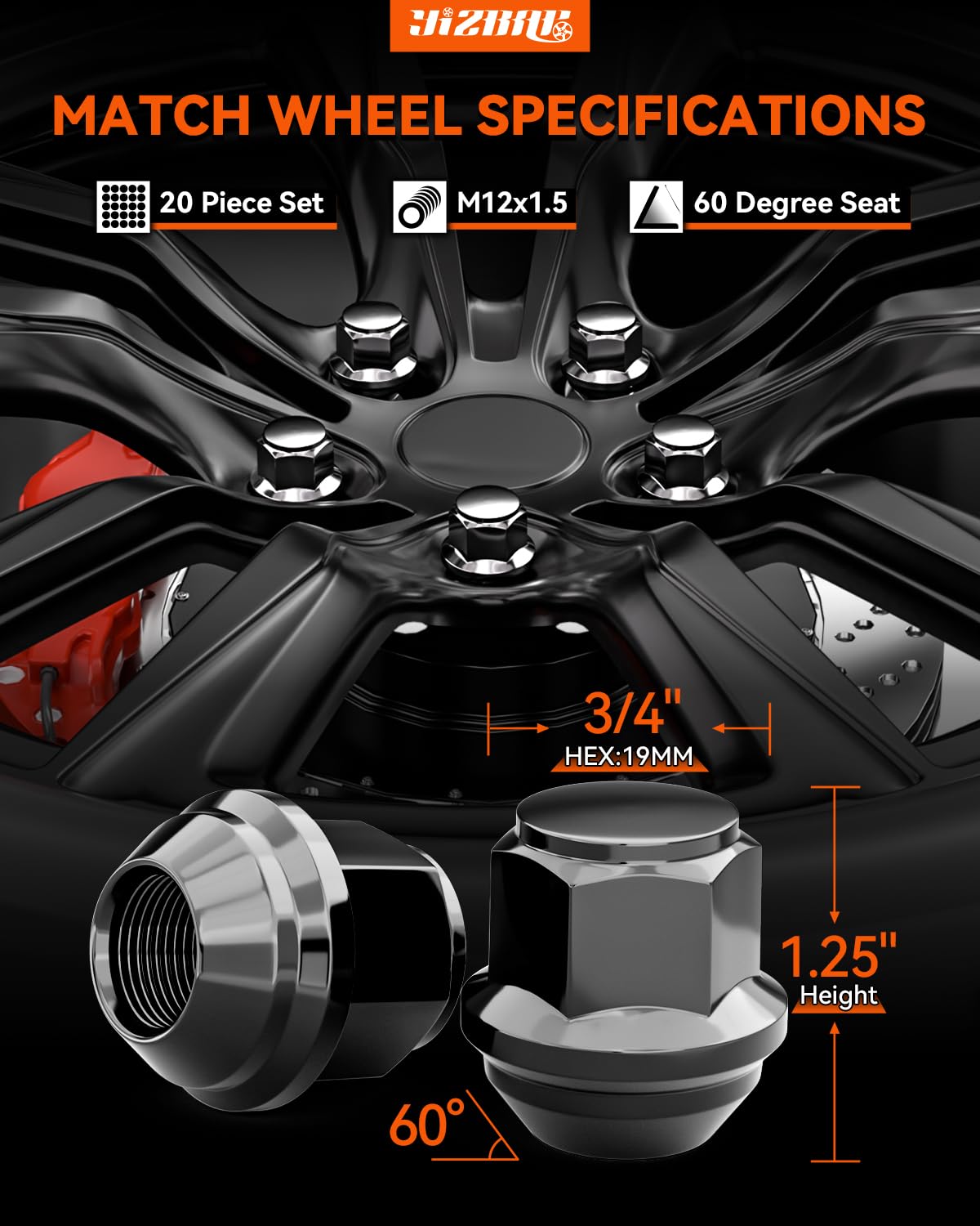 YIZBAP M12X1.5 Wheel Lug Nuts, One-Piece Black Lug Nuts OEM Factory Style, 3/4'' Hex, Replace for 2006-2020 Fusion, 2000-2019 Focus, 2001-2022 Escape, 20pcs Large Acorn Seat Lug Nuts
