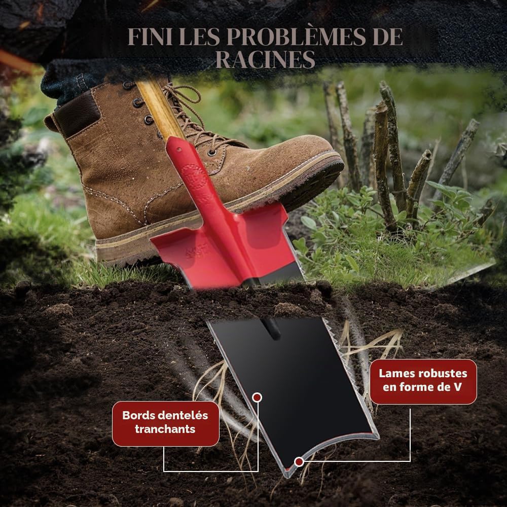 Beche Jardinage 142CM,Beche,Outil Creuser Trou Terre avec Larges Bords de Pédale,Root Slayer,Pelle Jardin Convient à l'éradication des Racines,avec des Dents Sillées (Plat)