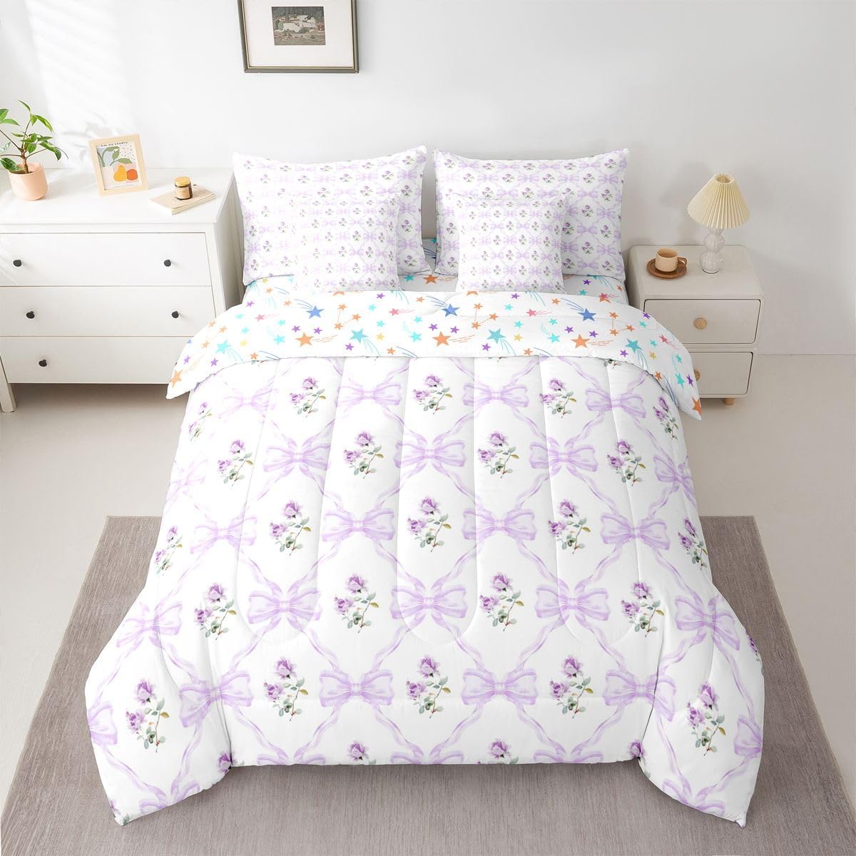 Feelyou Girls Cute Bow Comforter Set Twin Size 7 Pieces Purple Floral Bedding Set Kids Coquette Aesthetic Bed in a Bag with Sheets, Pillowcases, Cushion Covers Princess Bedroom Decor Soft Breathable