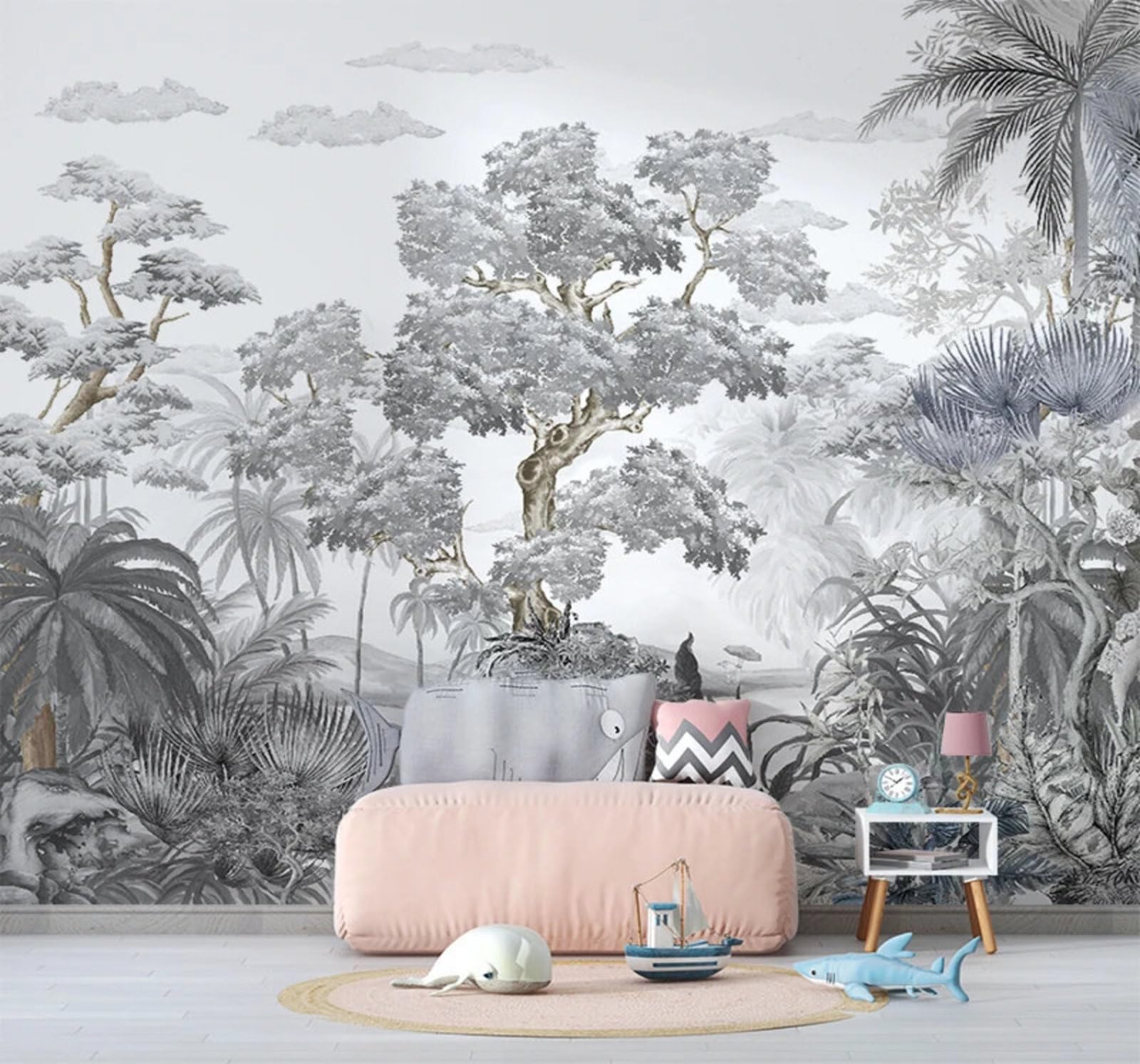 Hand Drawn Black and White Tropical Jungle Art 3D Wallpaper Easy Install Feature Office Living Room Sofa Bedroom TV Background Wall Decoration-400cm×280cm