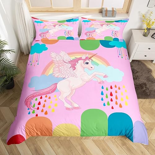 Manfei Juego de funda de edredón de unicornio rosa, tamaño matrimonial, funda de edredón de nubes arcoíris de dibujos animados con 2 fundas de disponible en Yaxa Peru