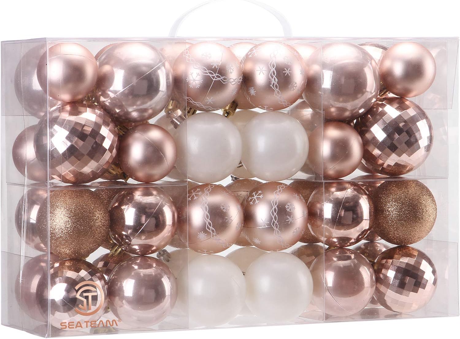 Sea Team 48 Pieces of Assorted Christmas Ball Ornaments Shatterproof Seasonal Decorative Hanging Baubles Set with Reusable Hand-held Gift Package for Holiday Xmas Tree Decorations, Rose Gold