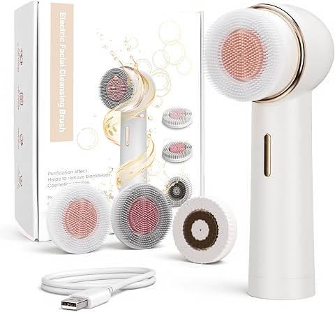 Electric Facial Cleansing Brush, Rechargeable Waterproof Dual Rotating Face Scrubber with 3 Interchangeable Heads, Soft Silicone Face Brush, White
