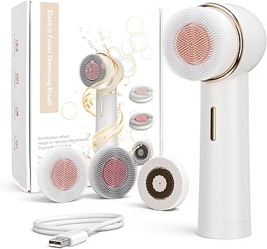 Electric Facial Cleansing Brush, Rechargeable Waterproof Dual Rotating Face Scrubber with 3 Interchangeable Heads, Soft Silicone Face Brush, White