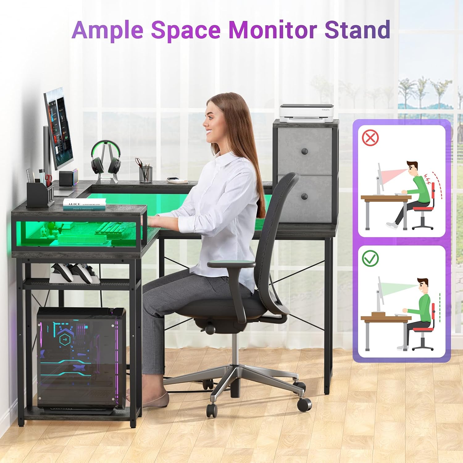Person sitting at the desk with a monitor on the elevated shelf, demonstrating ergonomic posture