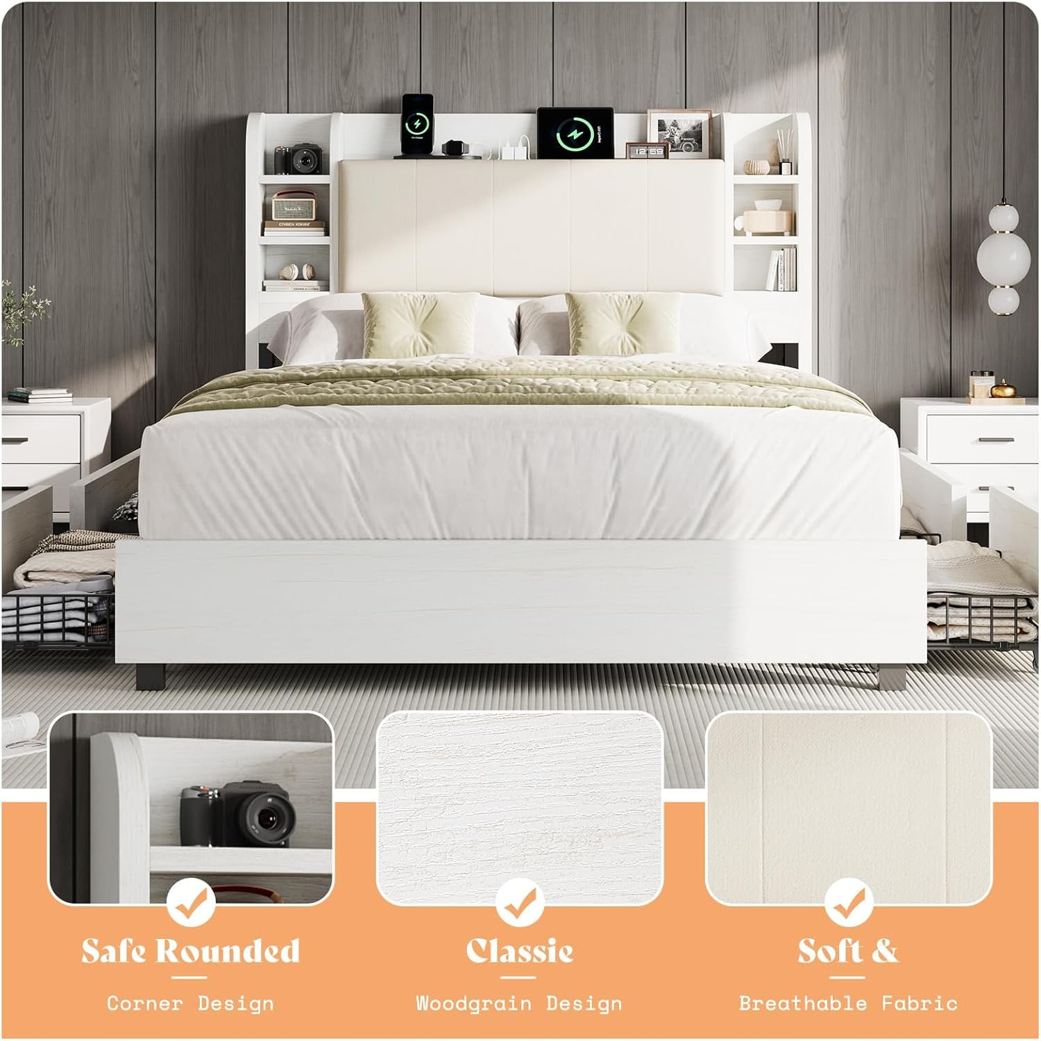 AMERLIFE Queen Size Bed Frame with Bookcase Headboard, 4 Drawers & Hidden Storage, Upholstered Cushion Backrest, Wooden Platform Bed with Charging Station, Heavy Duty Metal Frame, Rustic White