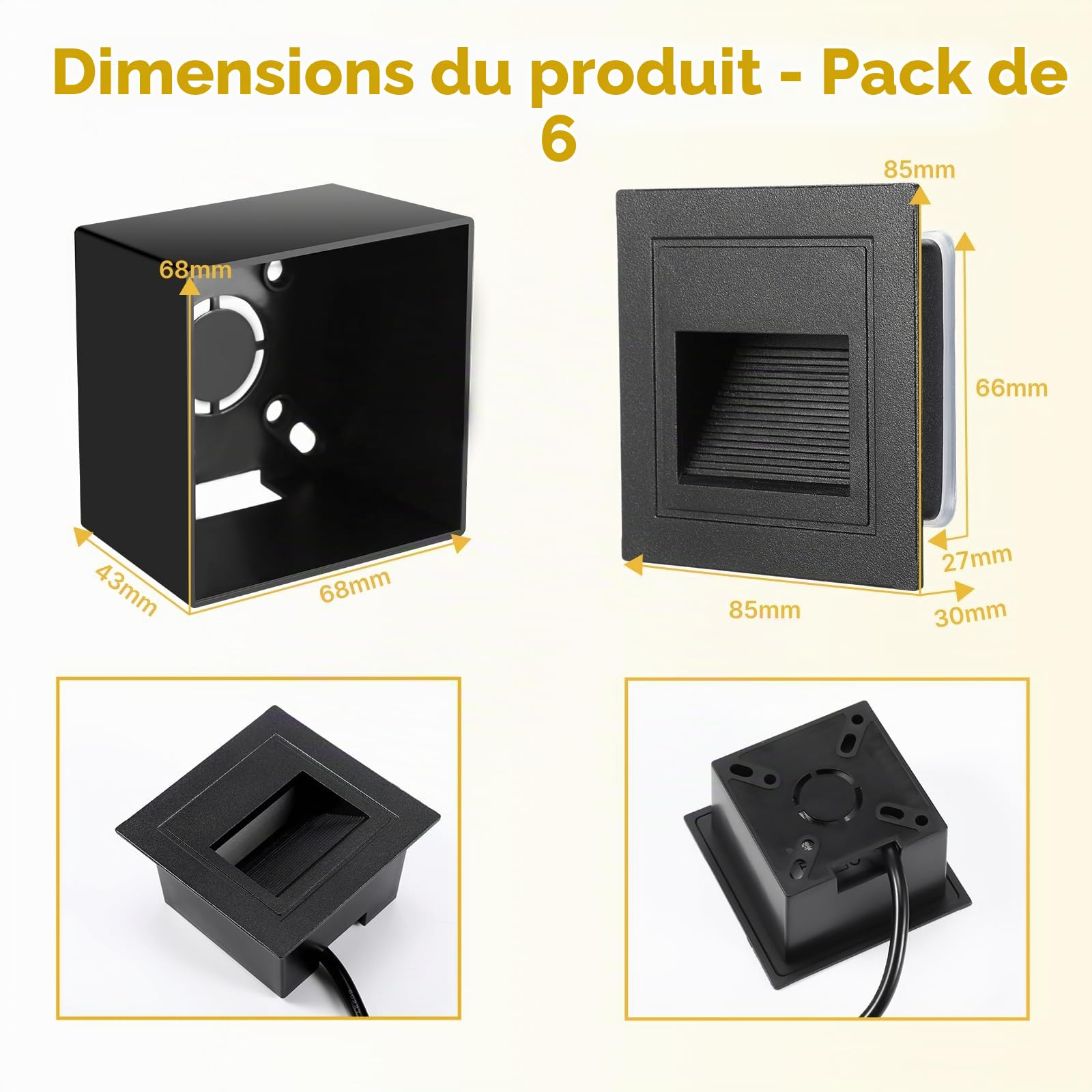 Eclairage Escalier 3W 300lm - 6 Pièces, 3000K Luminaire LED, 85x85mm, IP65 Applique Encastrée, 230V Luminaire D'escalier pour Escalier Mural, Douilles Encastrées 68mm, Aluminium Noir