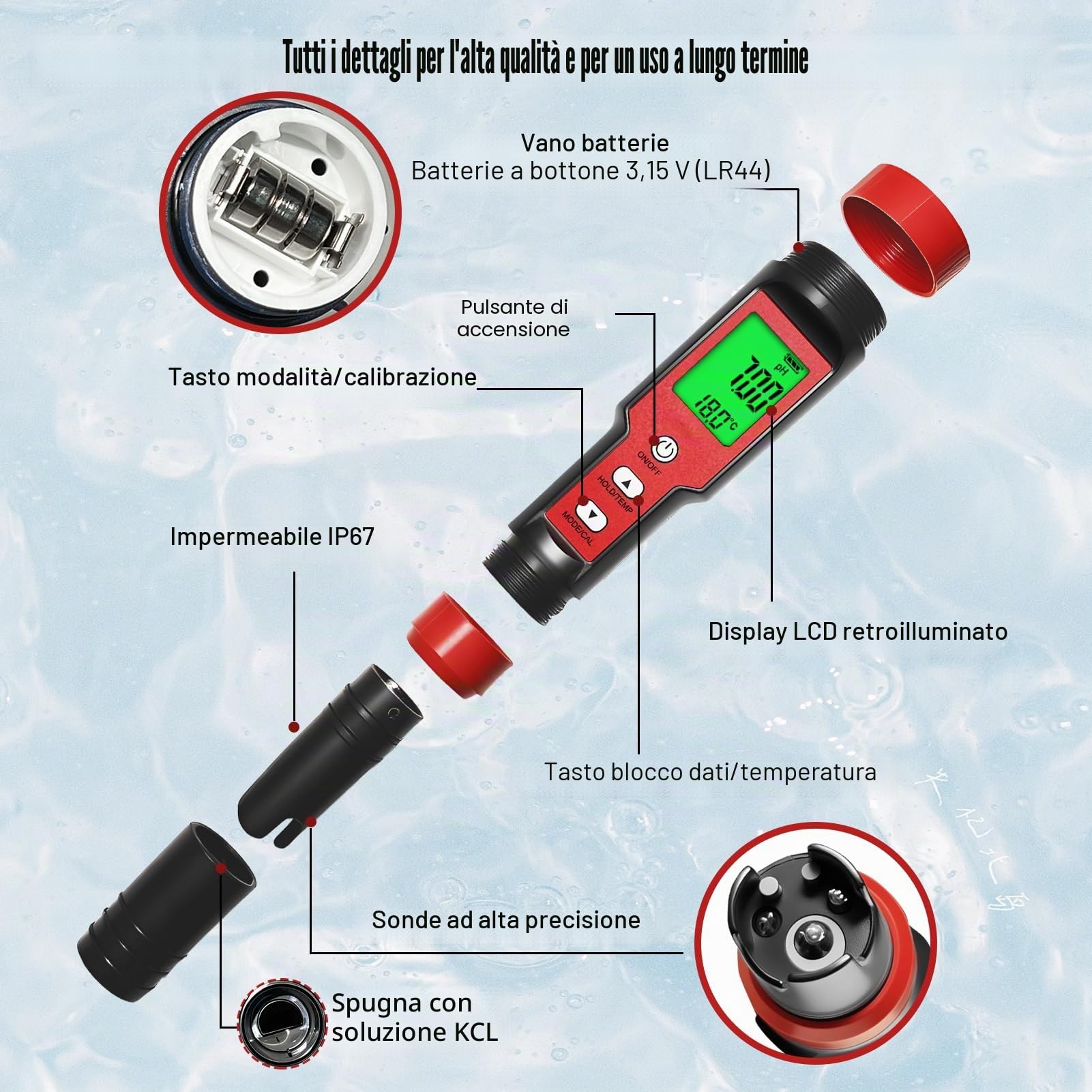 Misuratore pH Cloro Piscina 7 in 1, Tester PH Cloro Salinità ORP TDS EC Temperatura, Test Qualità Acqua ad alta precisione con funzione ATC per piscine, acqua potabile, acquario, idroponica
