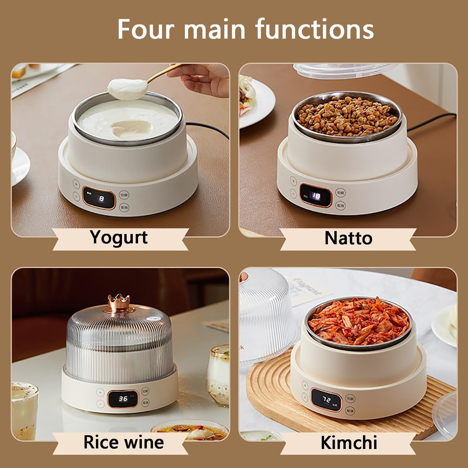 Maszynka do jogurtu, w pełni automatyczna, pojemność 1 l, miska ze stali nierdzewnej 304, timer LED, 4 w 1 do jogurtu, natto, wina ryżowego i marynat
